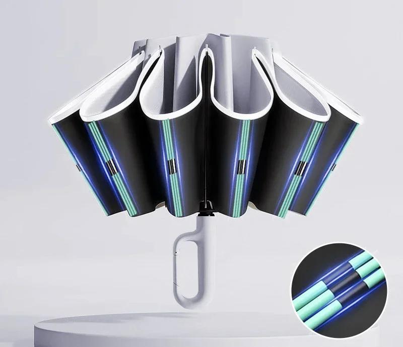 Parapluie à boucle 60K pour hommes et femmes, parapluie entièrement automatique à pliage inversé avec bande réfléchissante coupe-vent, parapluies UV