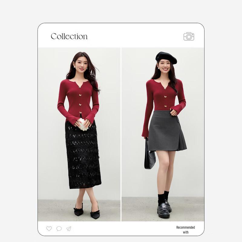 Qiusishui Yiren Classic V-Neck Knitted Top with Metal Buckle