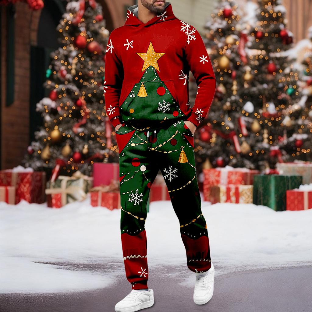 Men's Christmas Two-piece Hooded Sweatshirt, Jogging Pants, Sports Pants Set