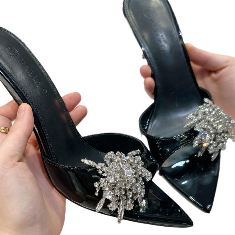 New Pointed Rhinestones with Sandals, Thin Heels, Open Toes, High Heels, Half Slippers, Fashionable and Versatile Outside