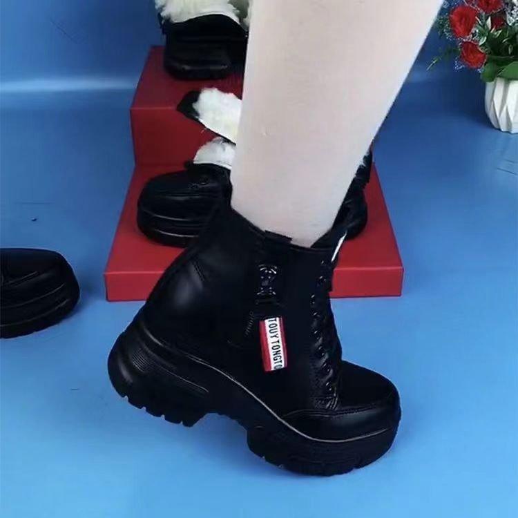 Platform Ankle Boots Women's Height Increasing Insole Real Soft Leather2025Winter Plus Velvet Cotton Shoes Snow Boots