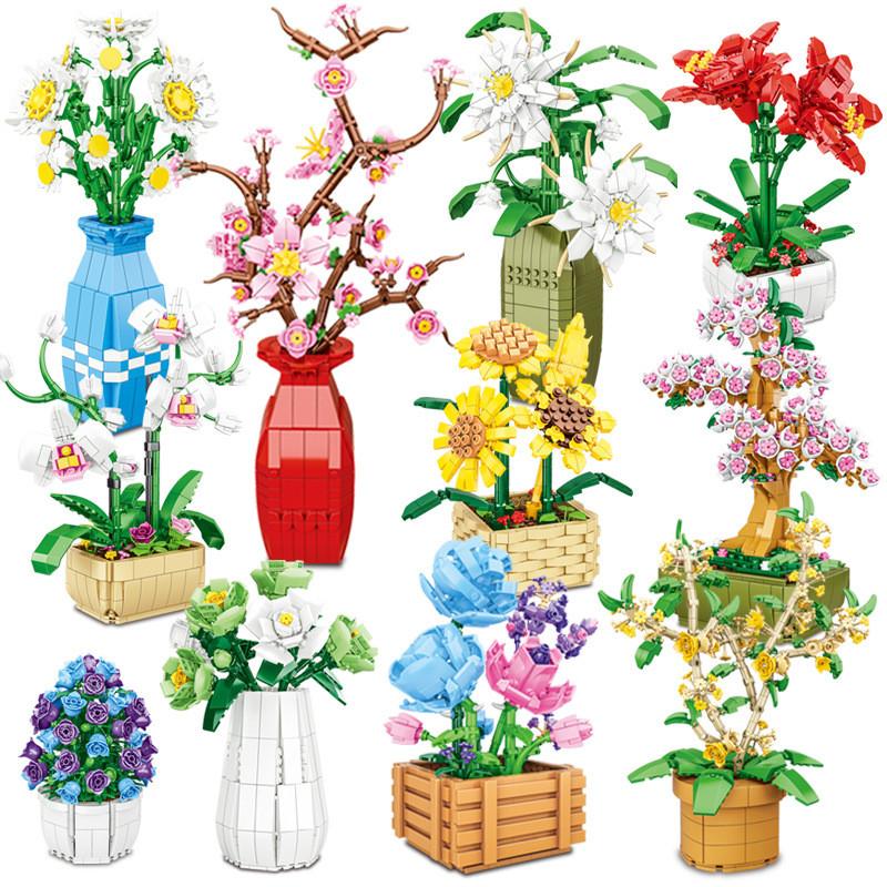 Blocks Building Puzzle Flower Peach Blossom Rose Cherry Blossom Kid Toy Model