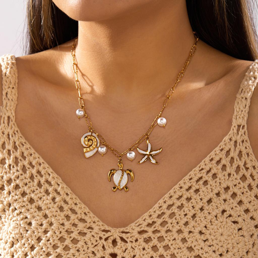 Boho Stainless Steel Ocean Turtle Starfish Necklace for Women Imitation Pearl Pendant Chain Summer Vacation Party Jewelry Gift