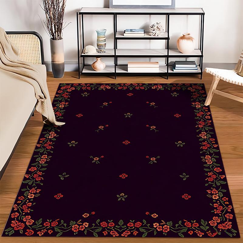 Floral Pattern Carpet with Red Flowers and Black Background, Modern Style Suitable for Use As an Anti-slip for Living Room Bedroom Sofas