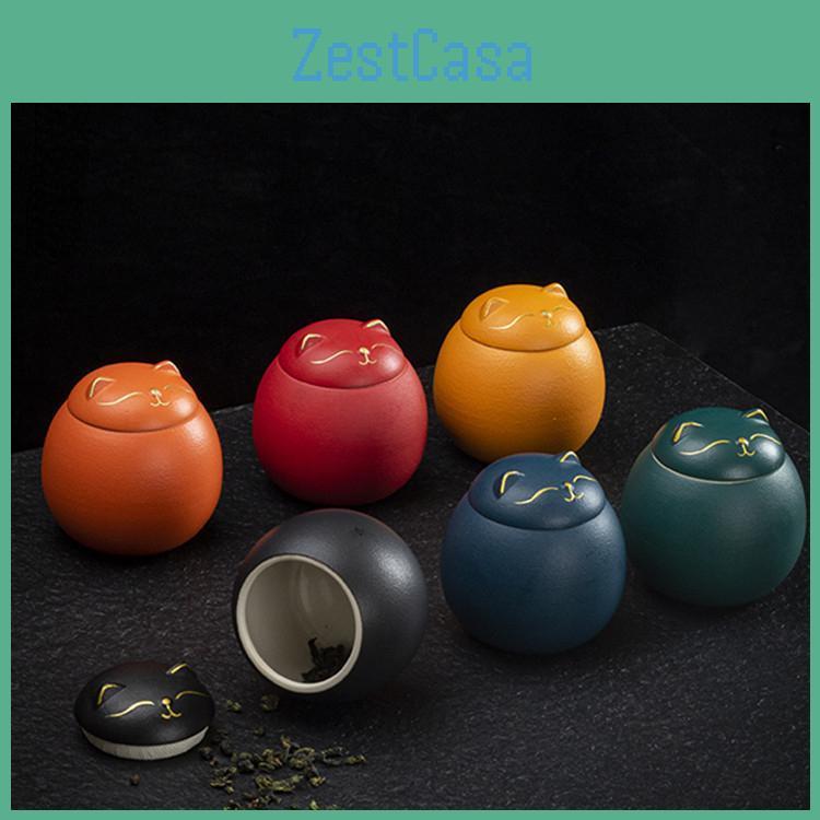 Ceramic Cat Storage Canister Tea Organizer Tea Porcelain Box With Lid Moisture Proof Gift Cute Pets Household Sealed Tea Jar