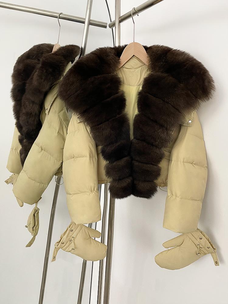 OFTBUY New Winter Top Clothes Women Short Hooded Big Real Fox Fur Down Coat Female Natural Fur Fluffy Puffer Jacket with Gloves