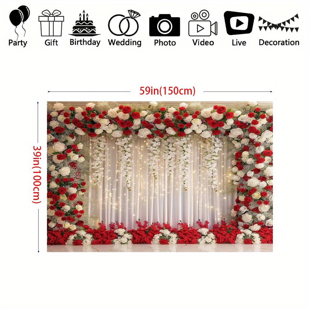 Bannière de fond de mariage sur le thème des fleurs de roses rouges et blanches, décoration de mariée sans électricité, pour l'intérieur et l'extérieur
