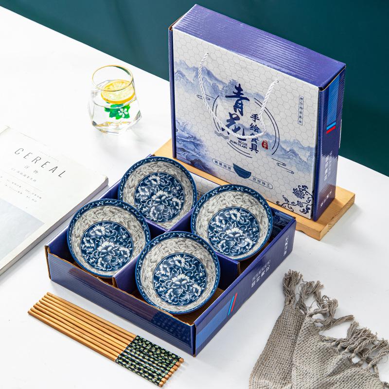 Japanese style dish set, household tableware, blue and white porcelain dishes, ceramic rice bowls, gift set, boxed