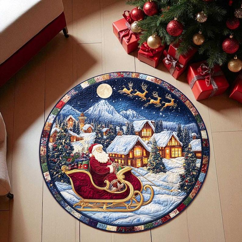 

Santa Sleigh Christmas Round Doormat, Vintage Holiday Village Floor Mat, Cozy Winter Scene Carpet for Home Decor, Xmas Gift Idea Diameter 60cm