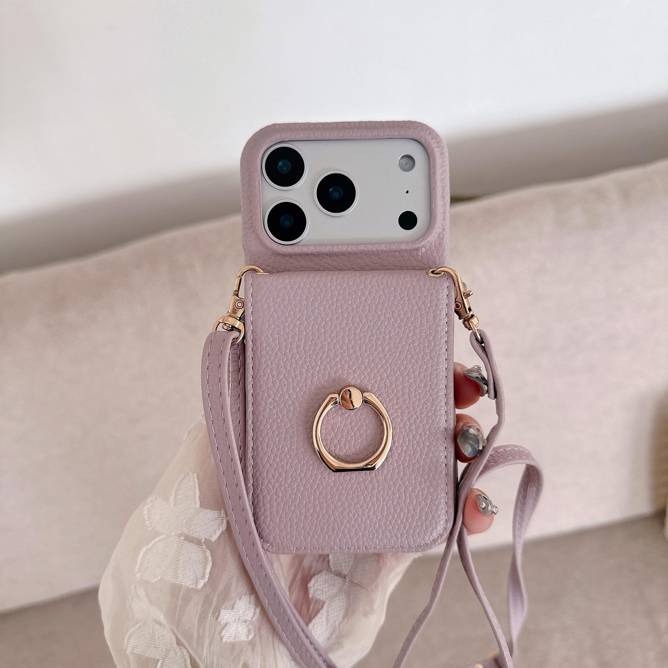 

Crossbody Card Solt Ring Holder Flip Mirror Magnetic Wallet Leather Case For iPhone 17 Pro Max 16 Plus 15 14 13 12 Lanyard Cover iPhone 15 Pro Max світло-фіолетового кольору