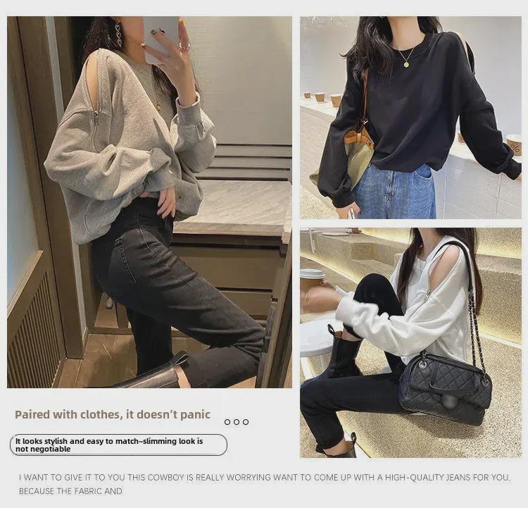2023 Off-Shoulder Loose Fit Korean Style Women's Round Neck Zipper Sweatshirt for Fall/Winter