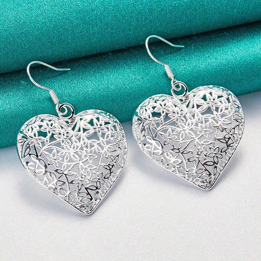 925 Sterling Silver Plated Heart Hollow Flower Earrings For Women Fashion Wedding Engagement Charm Jewelry