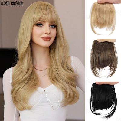 Synthetische glatte Haarverlängerung mit Pony, 2 Clips, natürlicher Pony, Clip-In-Haarverlängerung, Schwarzblond, für Frauen