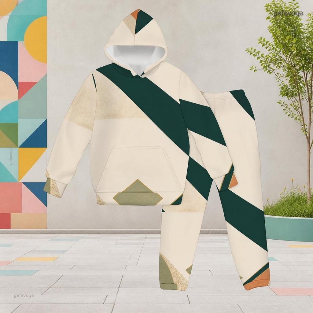 Girls Abstract Printed Hooded Long Sleeve Kangaroo Pocket Top Cuffed Pants Two Piece Set