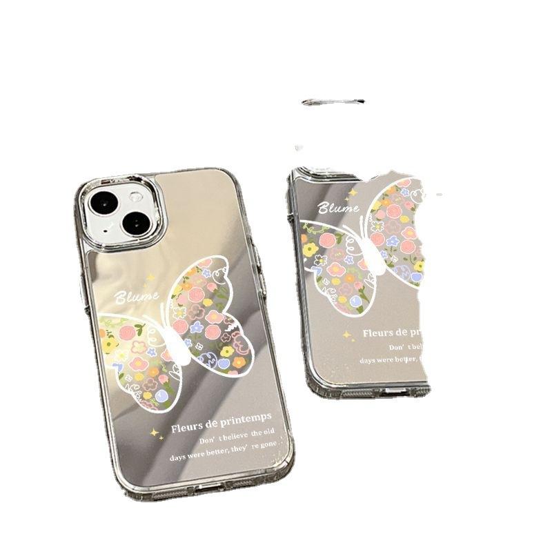 Flower Butterfly Mirror for iPhone17promax Mobile Phone Case 15/14 Apple 16 Electroplating Button 13