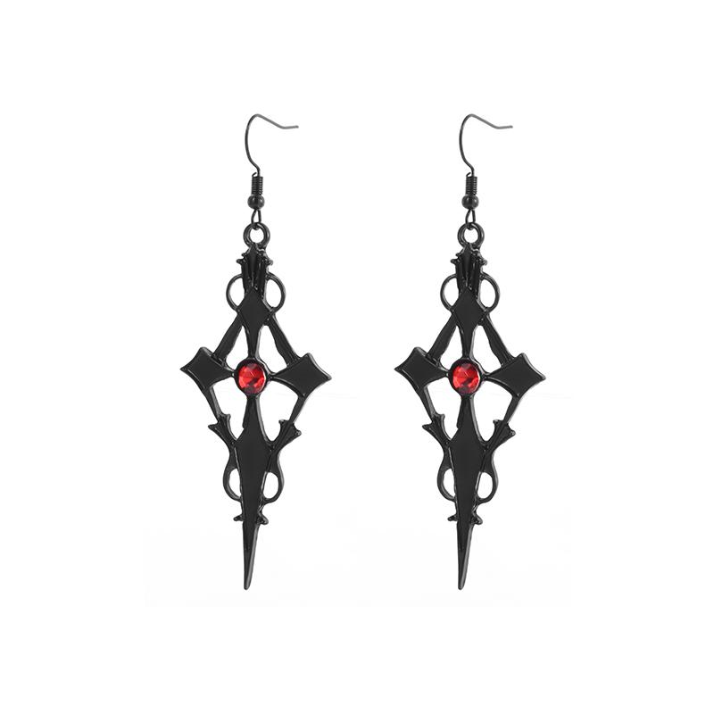 Retro Gothic Dark Style Studded Red Zircon Cross Black Metal Earrings for Women Accessories