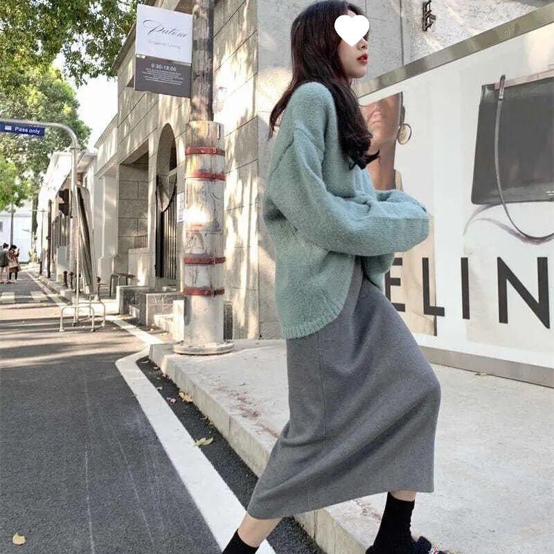 80cm High Waist Korean Style Knit Midi Skirt: Autumn/Winter Slimming Bodycon Design Without Slit