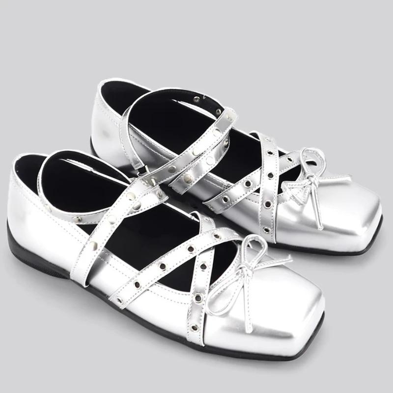 Fashion Cross Tied Bow Mary Jane Shoes Women High Quality Rivet Patent Leather Shallow Flat Shoe Fashion Square Toe Buckle Designer Shoe