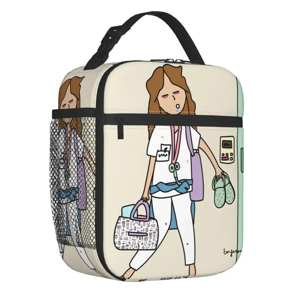 Cartoon Ladies Nurse Doctor Printed Portable Lunch Box for Women Multifunction Cooler Thermal Food Insulated Lunch Bag