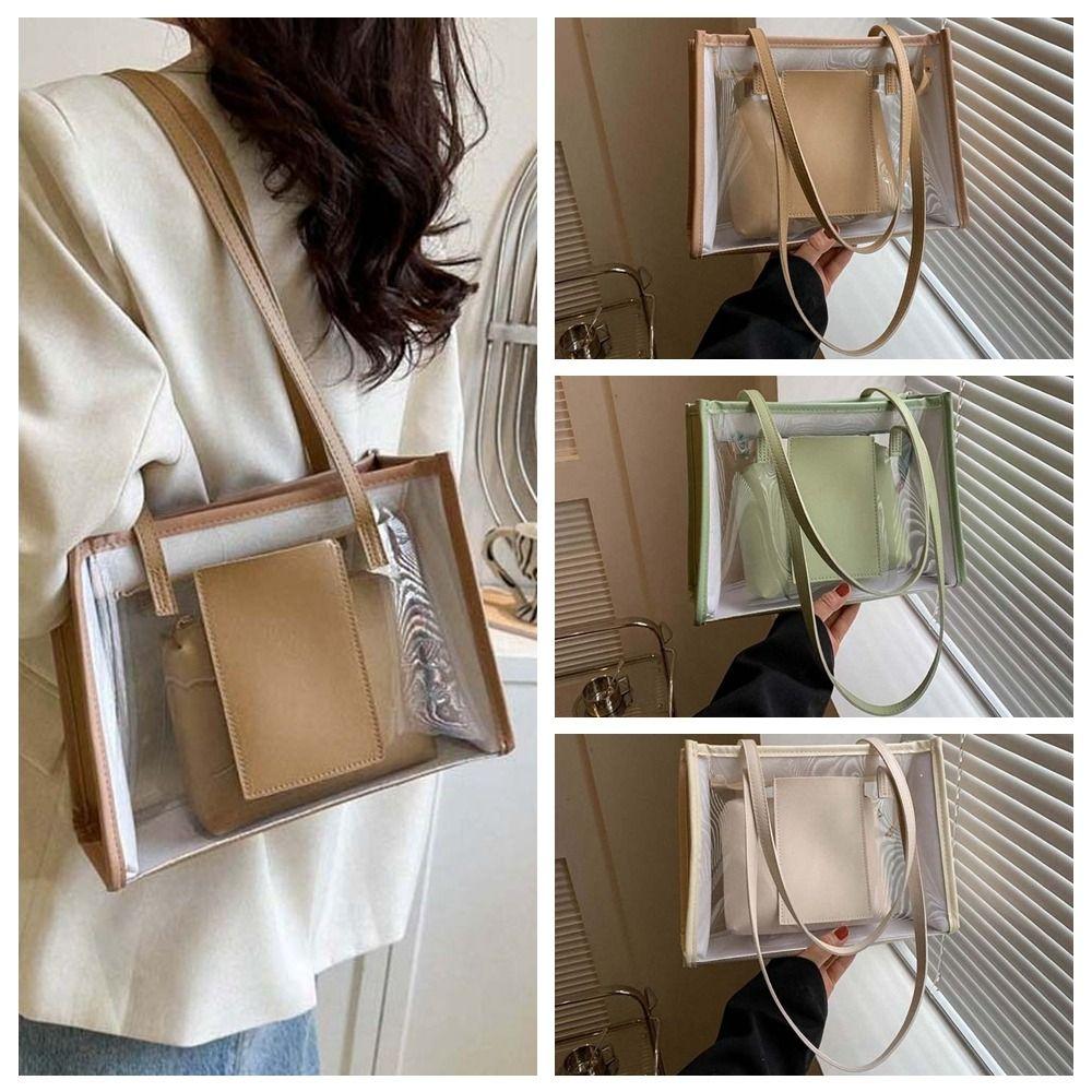 2pcs/set Large Capacity Transparent Jelly Bag PU Leather Handbag PVC Composite Tote Bags Women