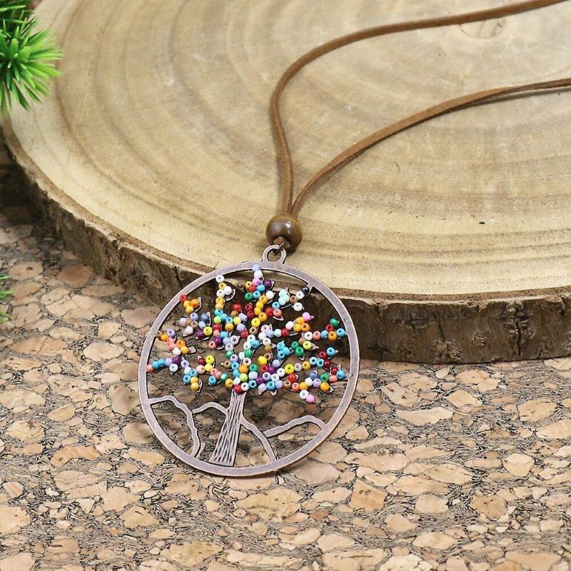 GemChic Women's New Vintage Round Hollow Geometric Tree Beads Pendant Long Necklace Ethnic Fashion Birthday Christmas Jewelry Gift