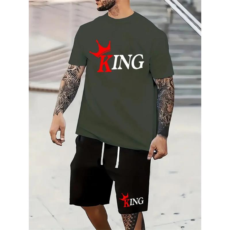 2024 New Summer Shorts Short Sleeve 2 Pieces Fashion Everyday Suit King Letter Print T-Shirt Suit Outdoor Streetwear Sports Suit