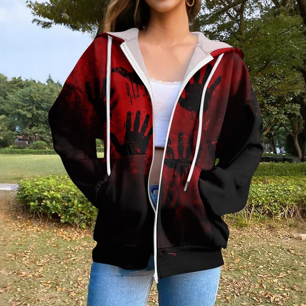 Sweat-shirt à capuche décontracté pour femme à manches longues avec fermeture éclair et cordon de serrage imprimé