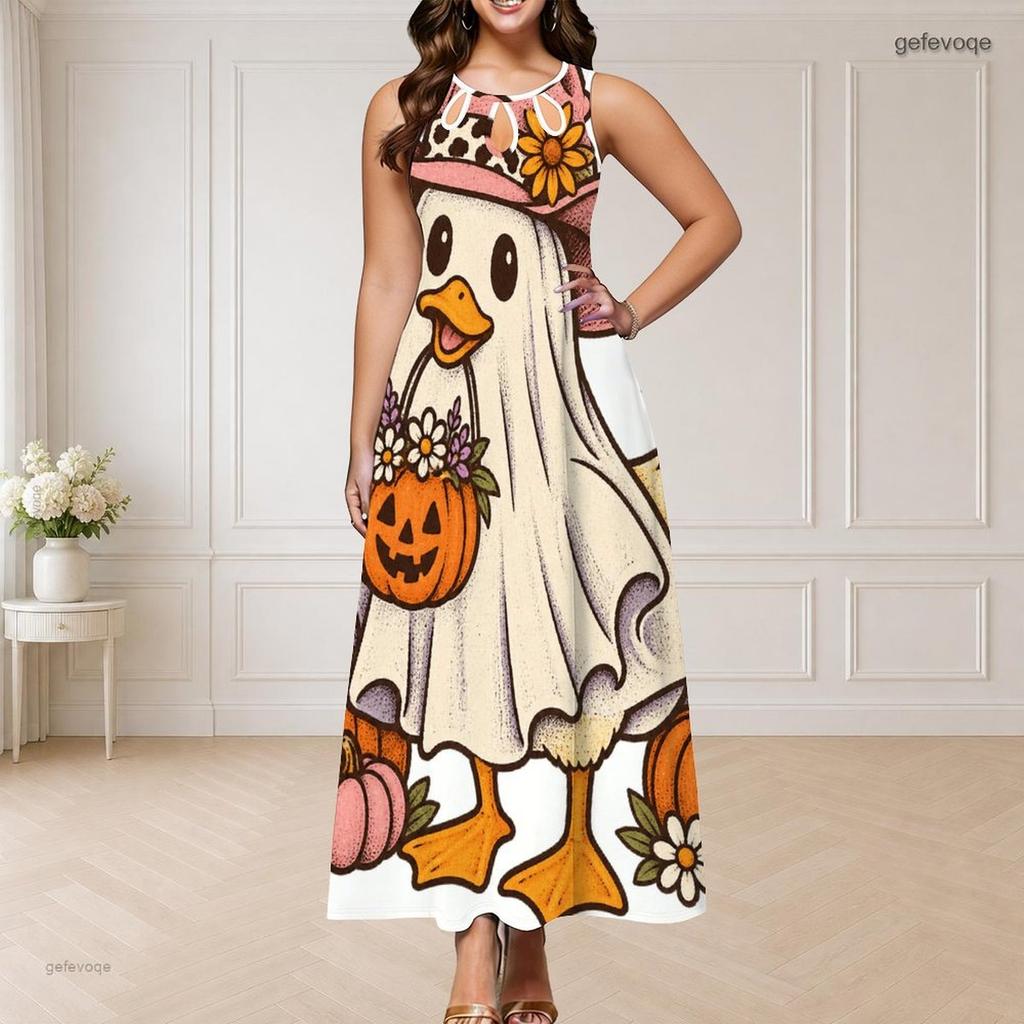 Women Plus Size Round Neck Triple Keyhole Sleeveless Cartoon Ghost Duck Printed Long Dress