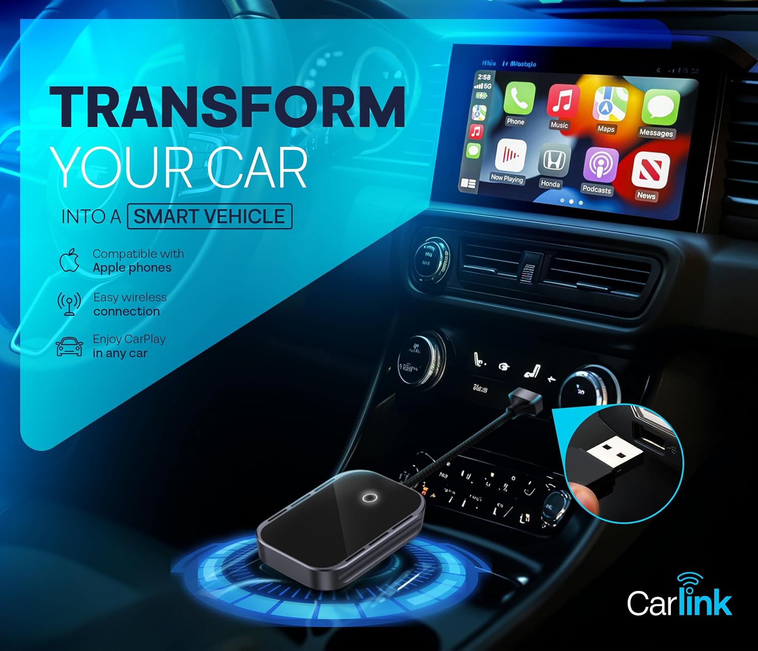 

Carlink Wireless CarPlay & Android Auto Adapter USB-C, No Latency, Multi-User (iOS 10+, Bluetooth Support) United States