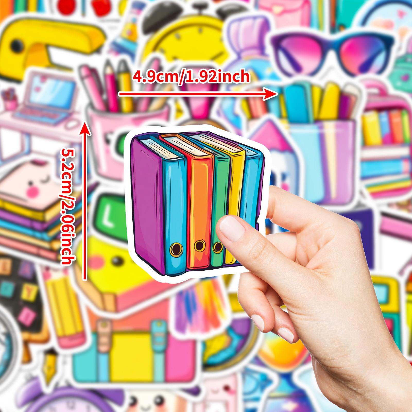 

50 креативных нарисованных вручную различных канцелярских наклеек с рисунками, книгами, карандашами, будильниками, не повторяющимися декоративными наклейками