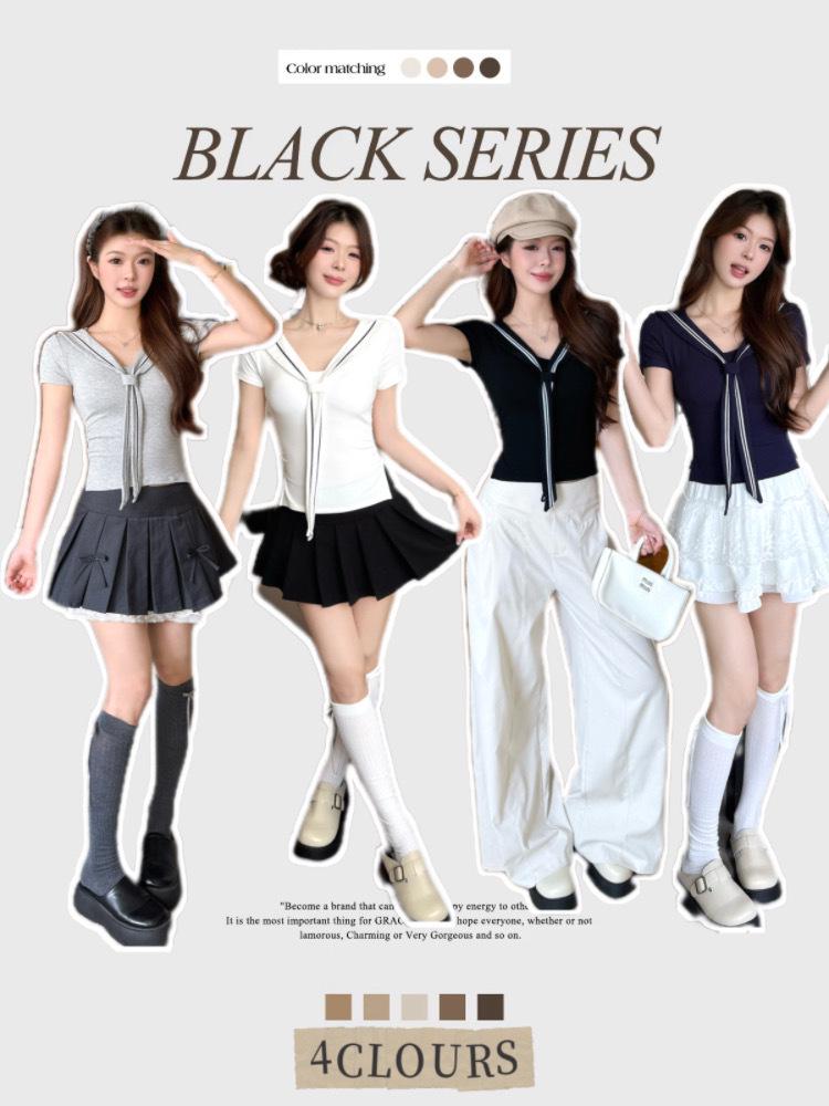 Korean Style Sailor Collar White T-shirt with Side Slit - Slimming, Flattering, and Pleated Cropped Design (2026)
