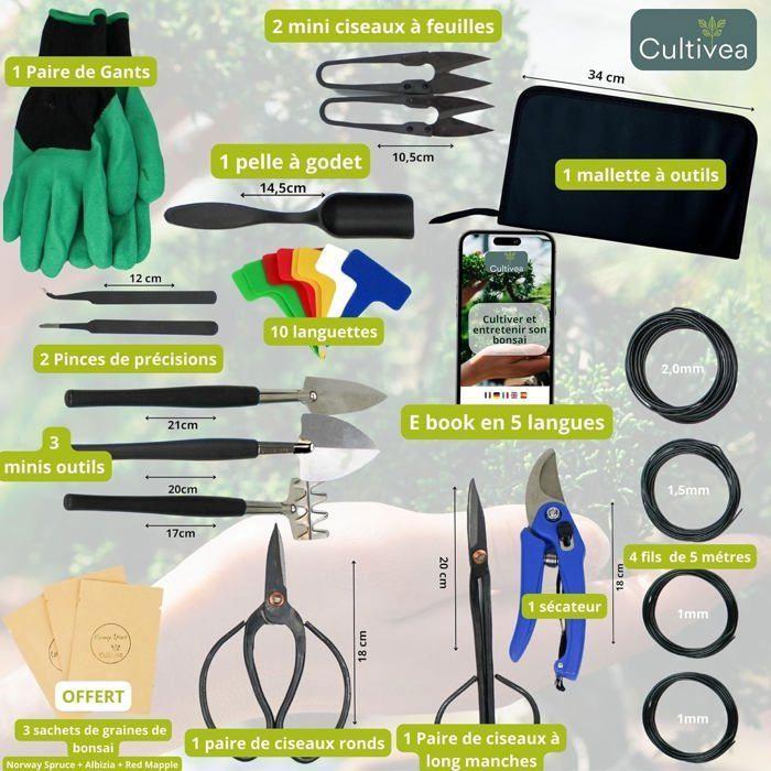 Kit outils bonsaï - CULTIVEA - 32 pièces - Acier inoxydable - Malette de rangement - Fils & accessoires