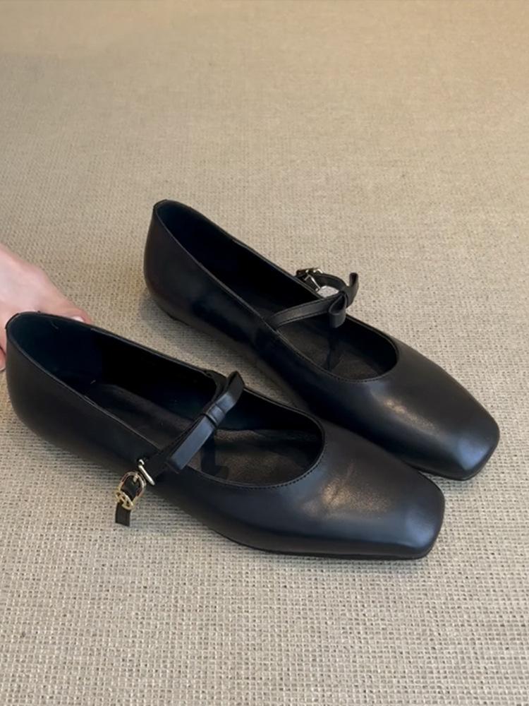 Sheepskin Version~ Leather Bow French Word Belt Mary Jane Shoes Women's Retro Flat Ballet Single Shoes Evening Shoes