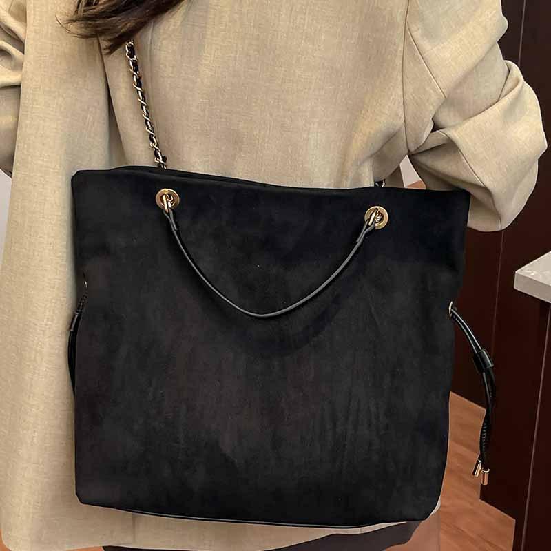 Bag Women's Retro Autumn and Winter Suede Chain Drawstring Tote Bag Trendy Fashion Commuter Bag Simple Crossbody Bag