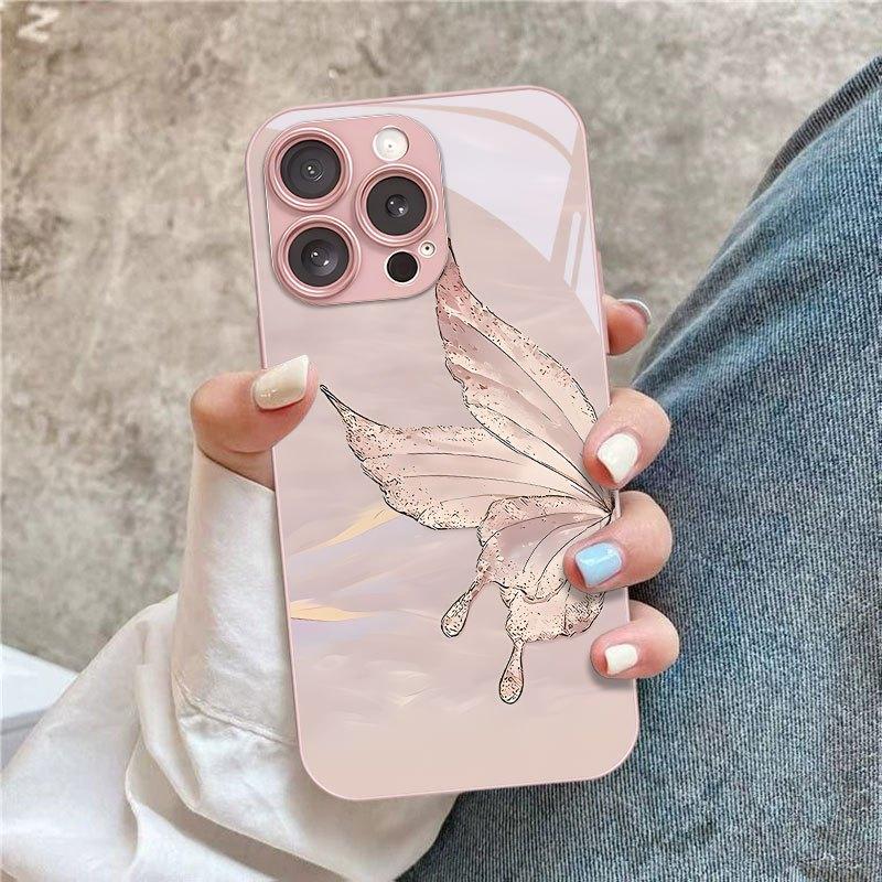 Butterfly wing design tempered glass phone case suitable for iPhone 17 16 15 14 13 12 11 Pro Max Plus shockproof back cover