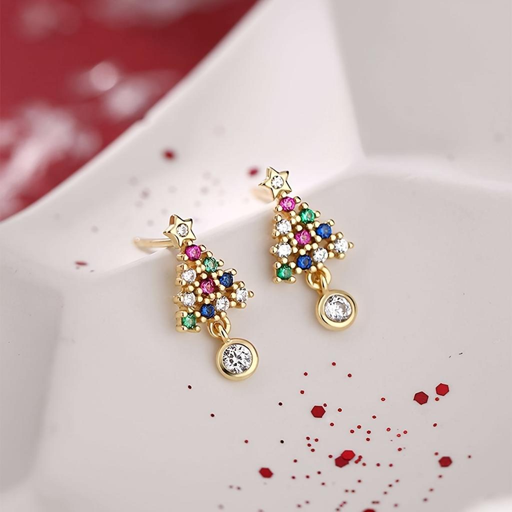 New Fashion Sweet Temperament Gold Color Christmas Tree Pendant Earrings for Women Christmas Light Luxury Shiny Party Jewelry