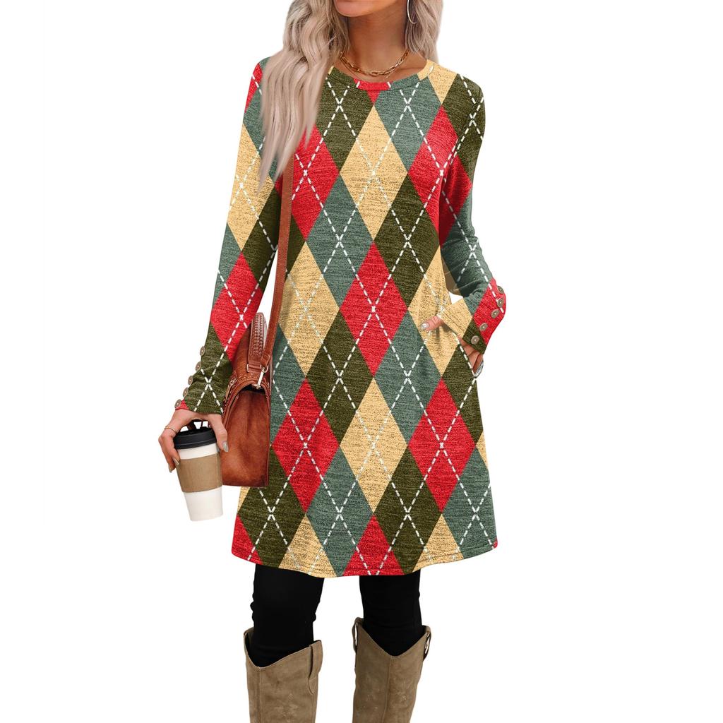 Damenmode Freizeitkleid mit Taschen, dekorativen Knöpfen, Rundhalsausschnitt und langen Ärmeln