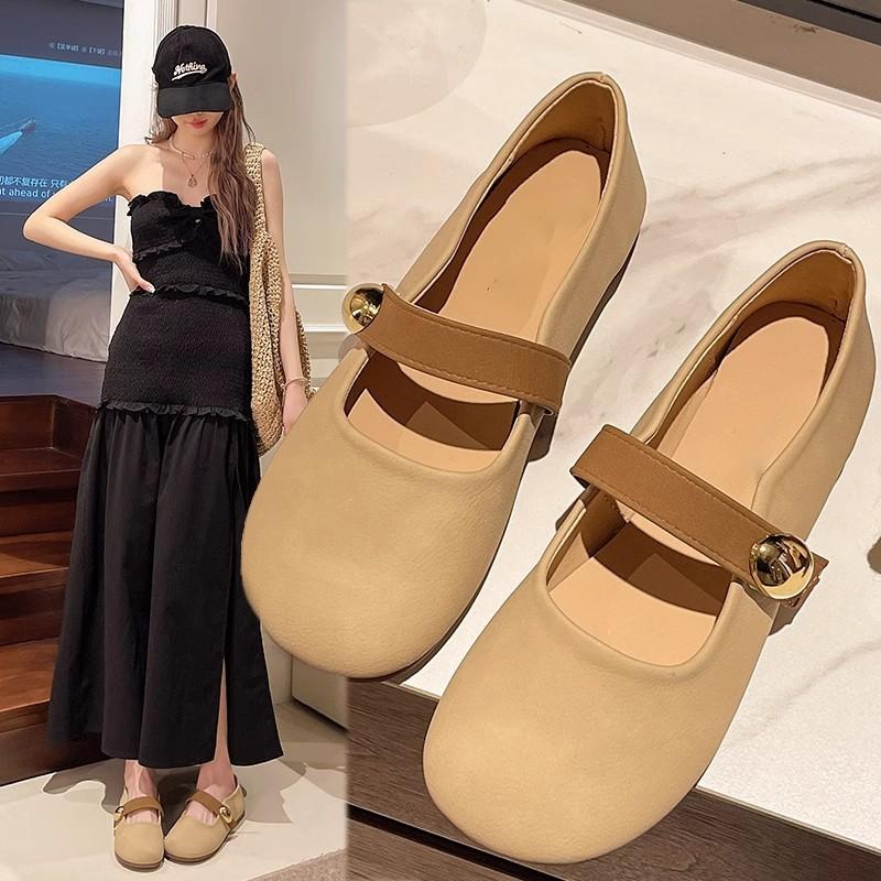 Soft leather Mary Jane single shoes women's flats summer new gentle wind pregnant women soft-soled beanie shoes