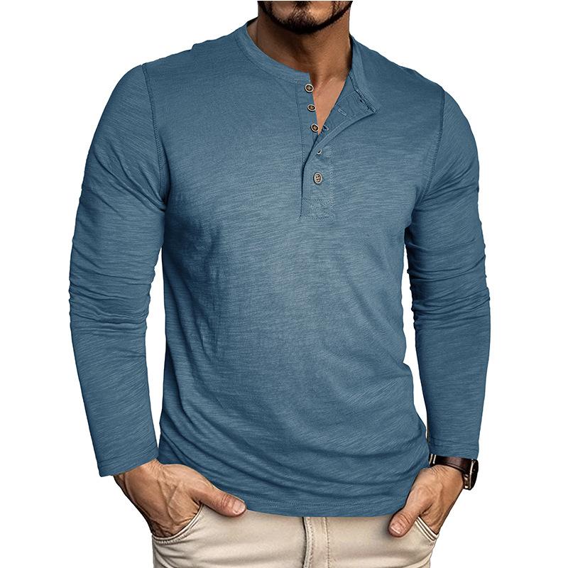 

2026 Autumn and Winter New Long Sleeve Men s Button T-Shirt Tops Bottoming Shirt M джинсовый синий