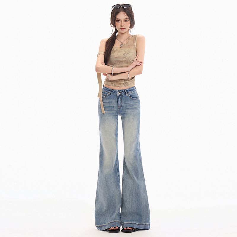 Spring Summer Vintage Low Waist Slim Micro Flare Denim Pants For Women Casual Pants Oversize Denim Trousers