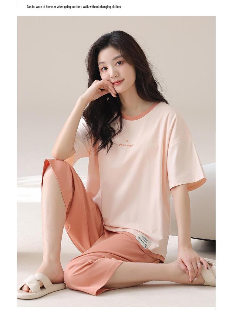 Women's Cotton Cartoon Girl Pajama Set - Short Sleeve & Capri, Wearable Outdoors