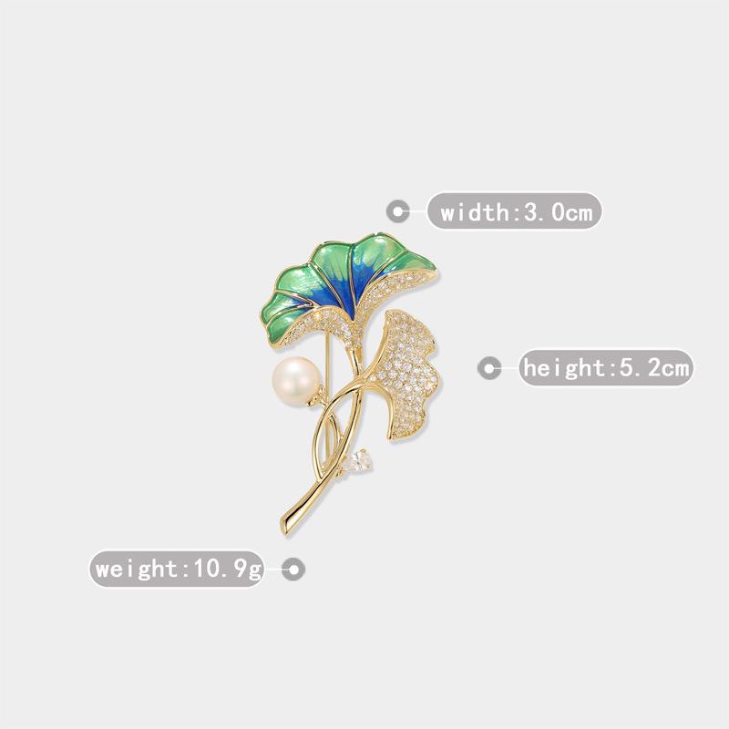 Bo Xin Yun High-End Ginkgo Leaf Enamel Brooch with Zirconia and Pearl Accents