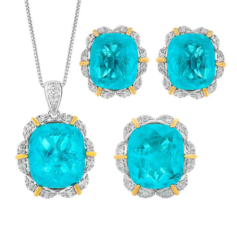 Set Jewelry Necklace Ring Stud Earrings Lotus Shape Para Blue Light Luxury Women
