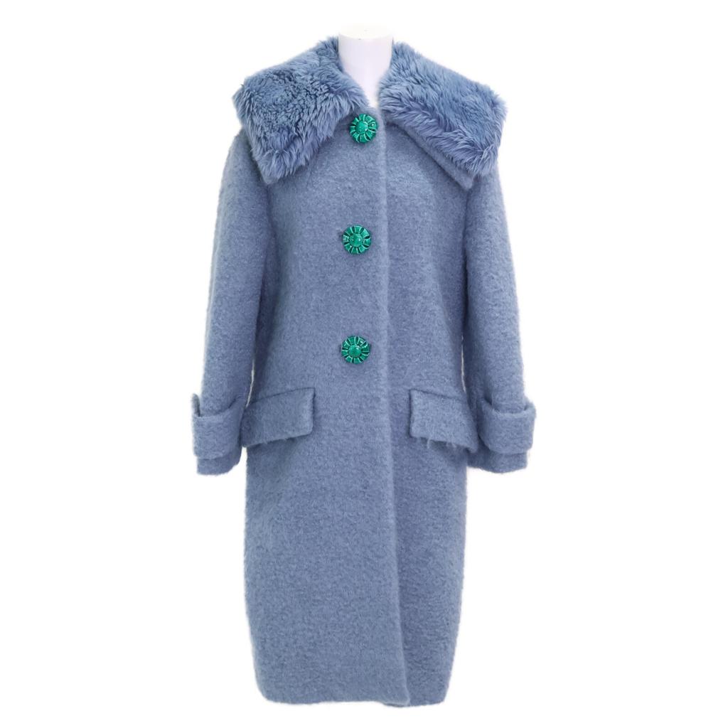 MIUMIU [Good condition/Domestic Regular] MS1417 1PTP with Fur Collar, Flower Buttons, Mohair Blend Coat 42 blueUsed