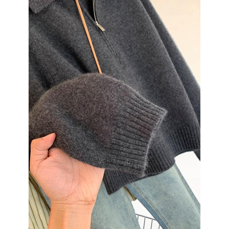 Dark Gray Lapel Half Zipper Sweater Knitted Sweater Women's Autumn and Winter New Lapel Small Sweater Top