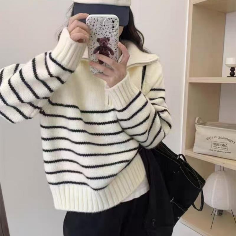 New Loose Casual Knitted Pullover Striped Women Sweater Autumn/Winter Half Zipper Fashion Korean Long Sleeve Short Top Office Knitwear Simple Clothing