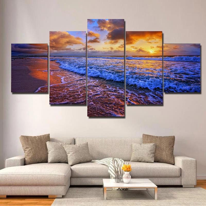 5 pieces Seaside Landscape Canvas Painting, Sunrise, Sunset, Coconut Trees and Ocean Waves, For Home Room Hotel Decor, No Frame