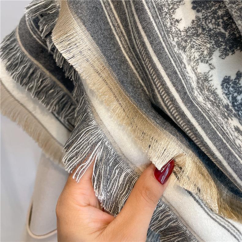 122*128cm Oversized  Imitation Cashmere Wrap with Tassels, Floral Travel Blanket Cape Pashmina Shawl for Women, Versatile scarf