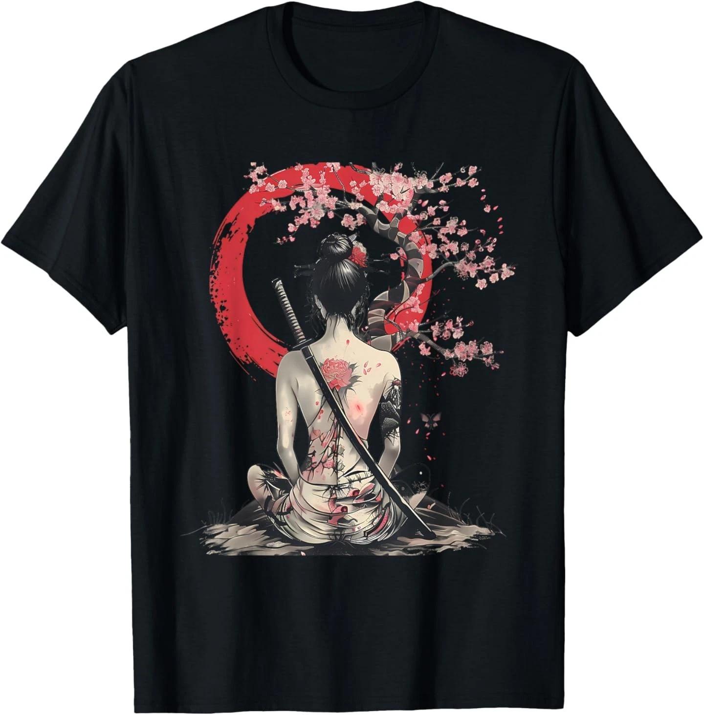 Japanese Samurai Girl Sakura Cherry Blossom Japanese Geisha T-Shirt 4XL