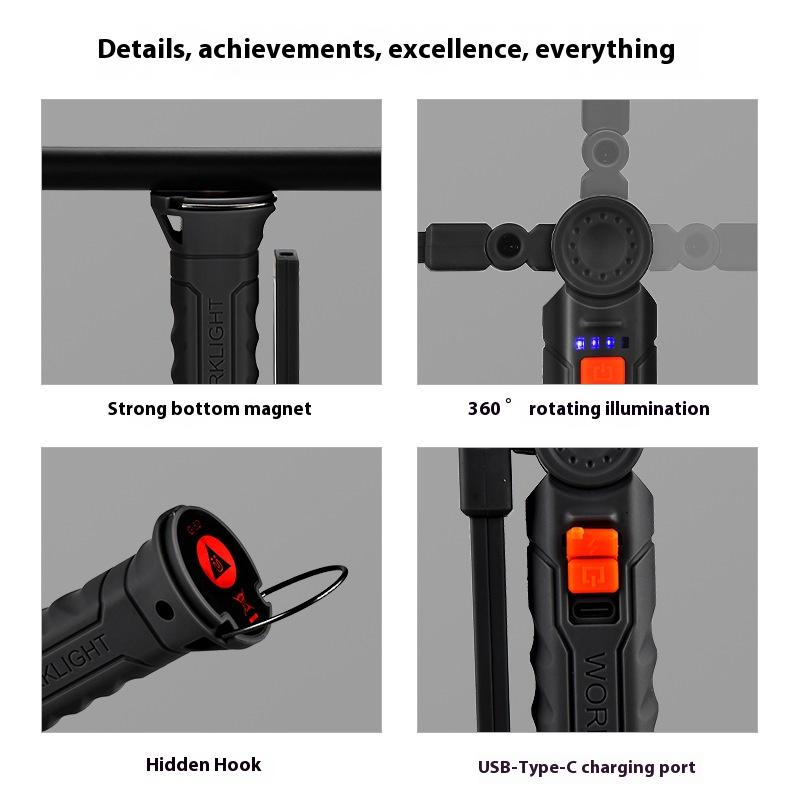 450LM COB LED Worklight Flashlight USB-C 800mA Work Light Magnetic 360° Garage Repair Inspection Lamp 4Mode Pocket Flood Light